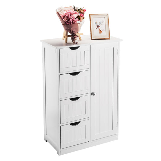 4-Drawer Single Door Bathroom Storage Cabinet - White Floor Standing Cabinet