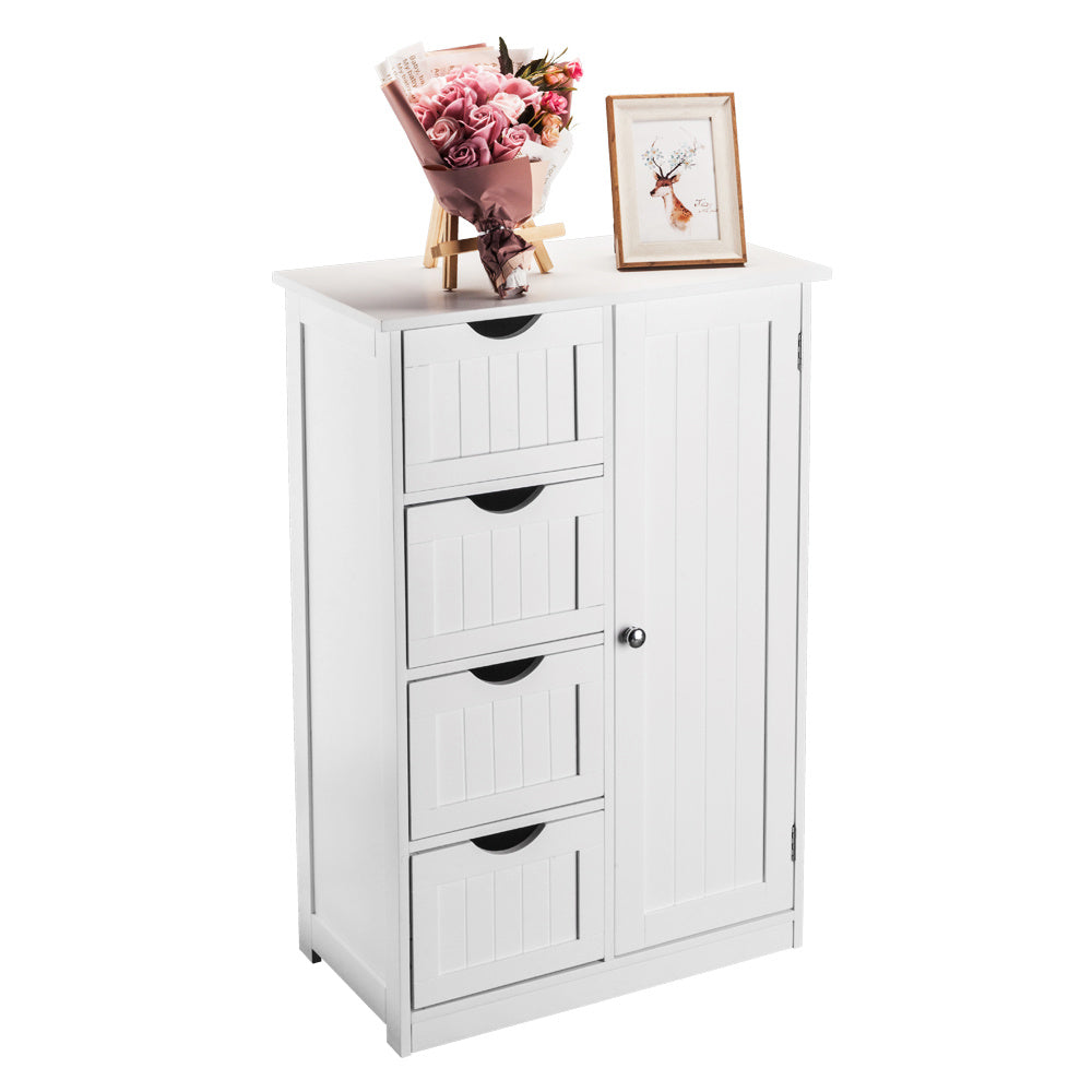4-Drawer Single Door Bathroom Storage Cabinet - White Floor Standing Cabinet