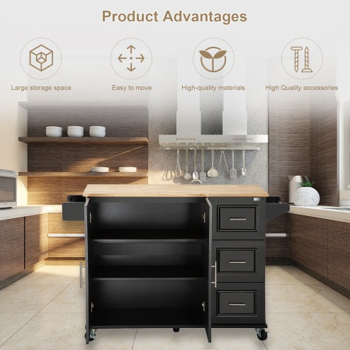 Kitchen Island & Kitchen Trolley - Mobile Island with Extendable Rubberwood Tabletop