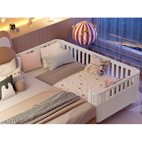 White Twin Platform Bed for Kids - Low Profile Wooden Bed Frame with Safety Rails