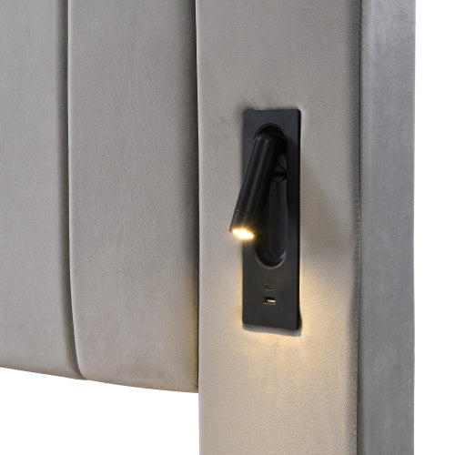 Grey Velvet King Bed with Stereo, LED Lights & USB Charging - 150x200cm