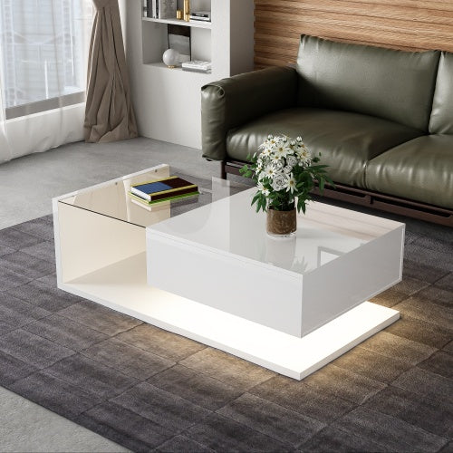 High-Gloss White LED Coffee Table with Glass Top & Ambient Lighting