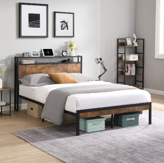 King Size Metal Platform Bed Frame with Wooden Headboard & USB Charging