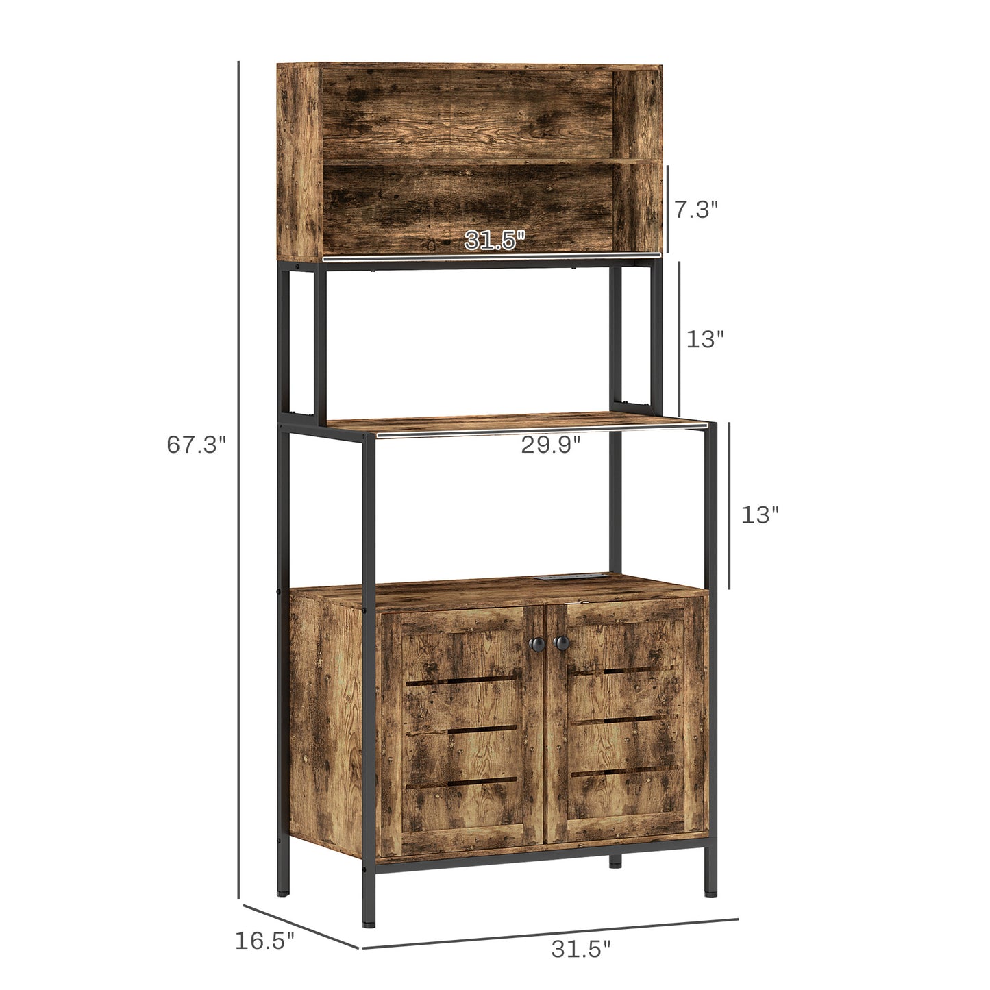 Power Outlet and Storage Shelves - Microwave Stand with Louvred Door Cabinets (Rustic Brown)