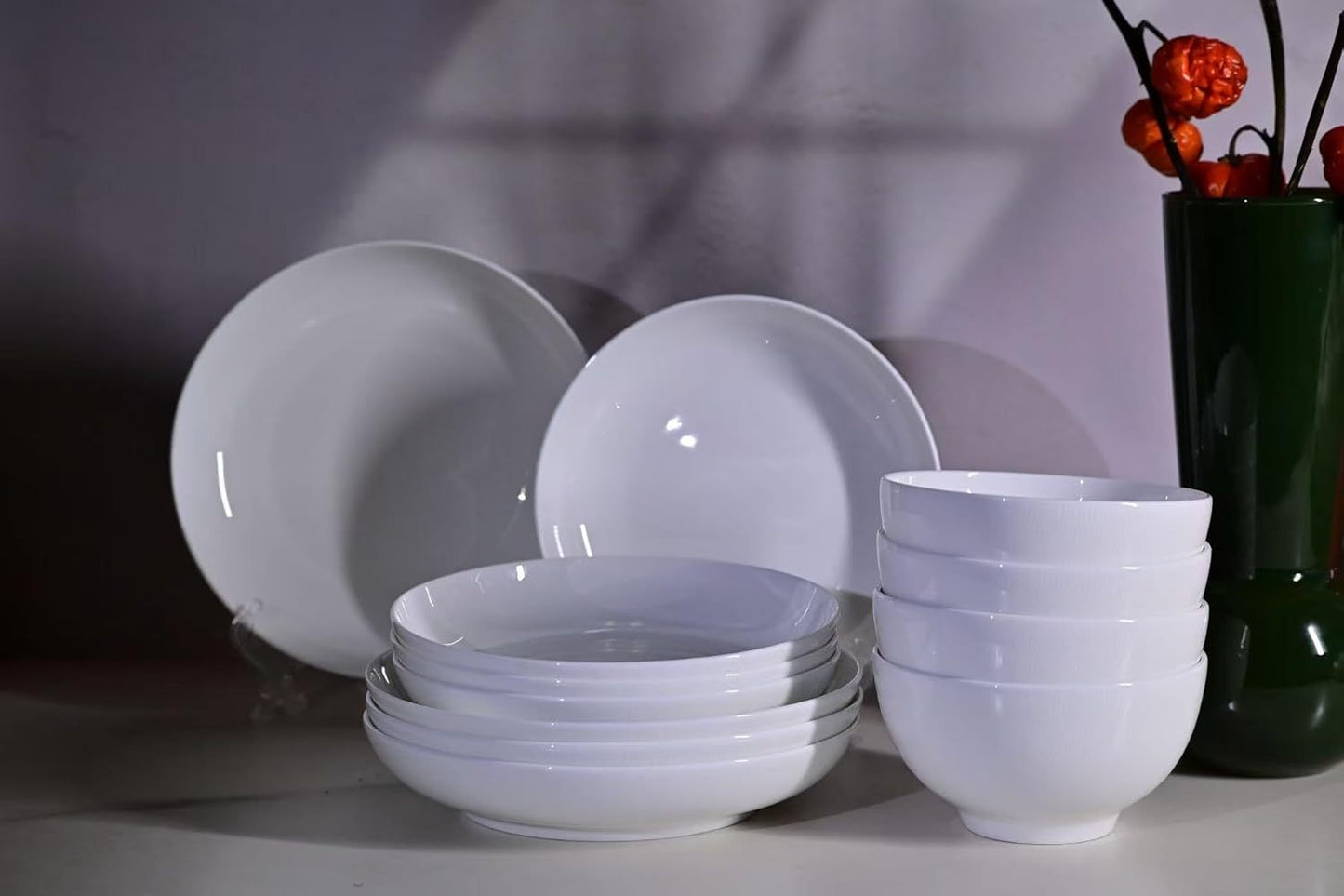 Setaria Bone China Dinnerware Set - 12 Pieces Service for 4 (Ivory White with Narrow Curve Stripe)
