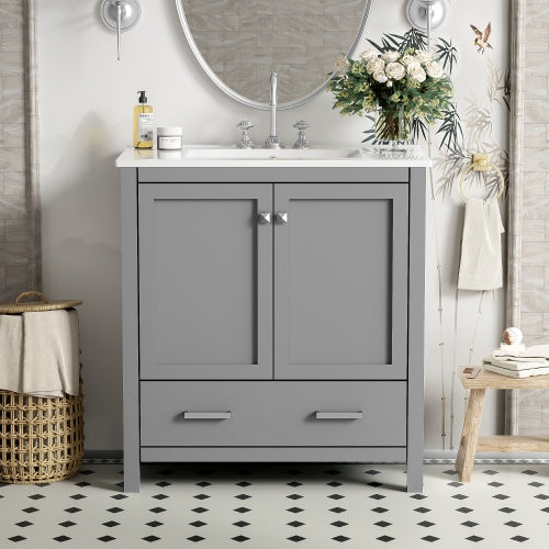 30" Gray Bathroom Vanity with Single Sink - Combo Cabinet with Soft-Close Doors