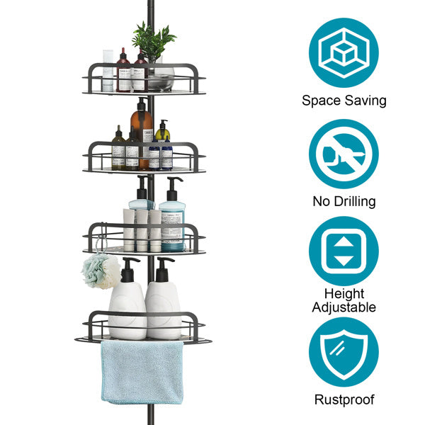 Corner Shower Caddy Tension Pole - 4-Tier Adjustable Shelf (Drill Free)