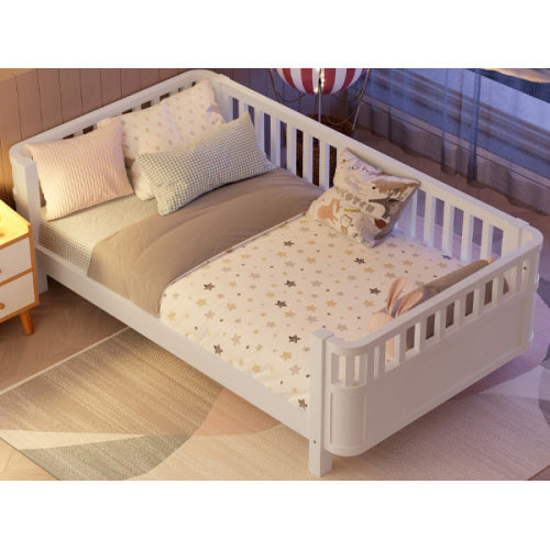 White Twin Platform Bed for Kids - Low Profile Wooden Bed Frame with Safety Rails