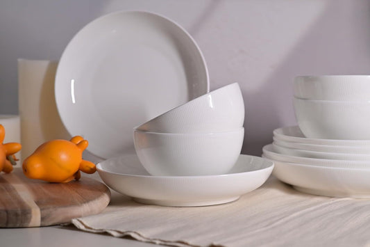 Setaria Bone China Dinnerware Set - 12 Pieces Service for 4 (Ivory White with Narrow Curve Stripe)
