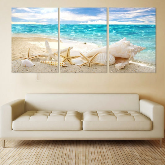 Starfish Canvas Wall Art Set of 3 - Modern Coastal Beach Decor for Living Room