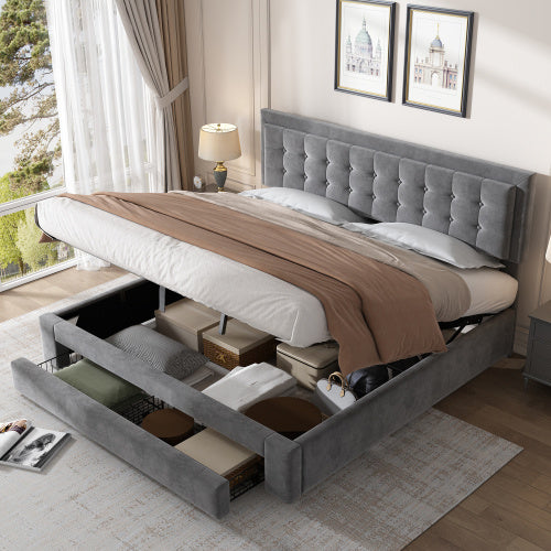 Super King Bed Frame Grey Velvet - 6ft Upholstered Bed with Storage (180x200cm)