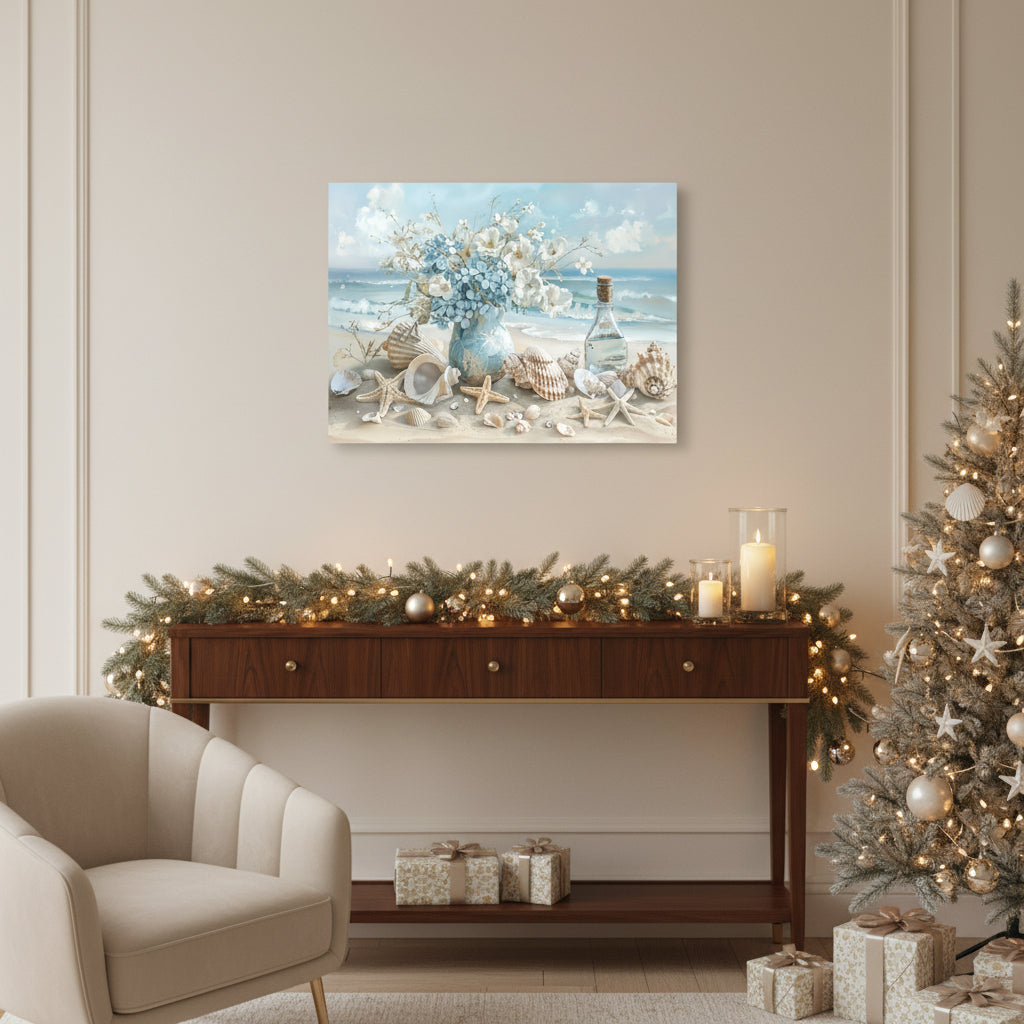 Blue Vase Floral Canvas Print - Framed Wooden Wall Art Ocean Theme