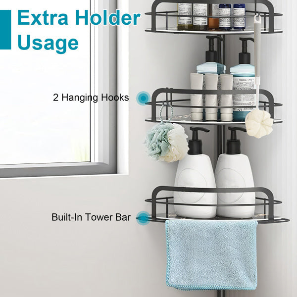 Corner Shower Caddy Tension Pole - 4-Tier Adjustable Shelf (Drill Free)