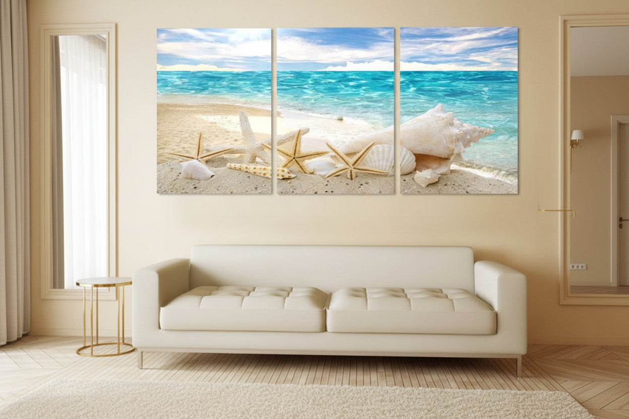 Starfish Canvas Wall Art Set of 3 - Modern Coastal Beach Decor for Living Room