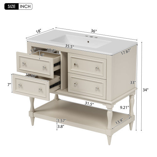 36" Bathroom Vanity with Medicine Cabinet - Luxury Beige Storage Cabinet with 4 Drawers