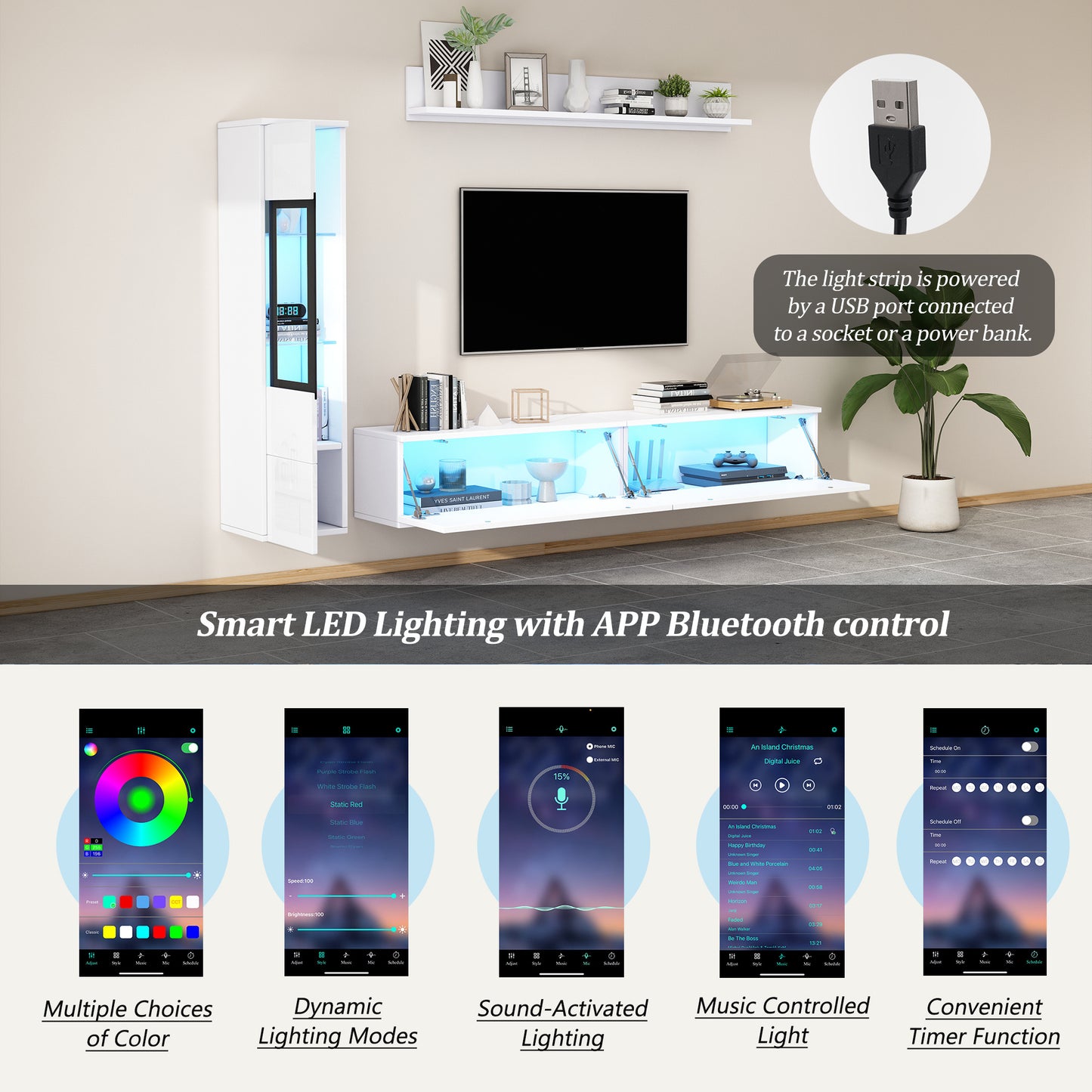 3-Piece TV Wall Unit Set with LED Lights - High Gloss White Living Room Furniture