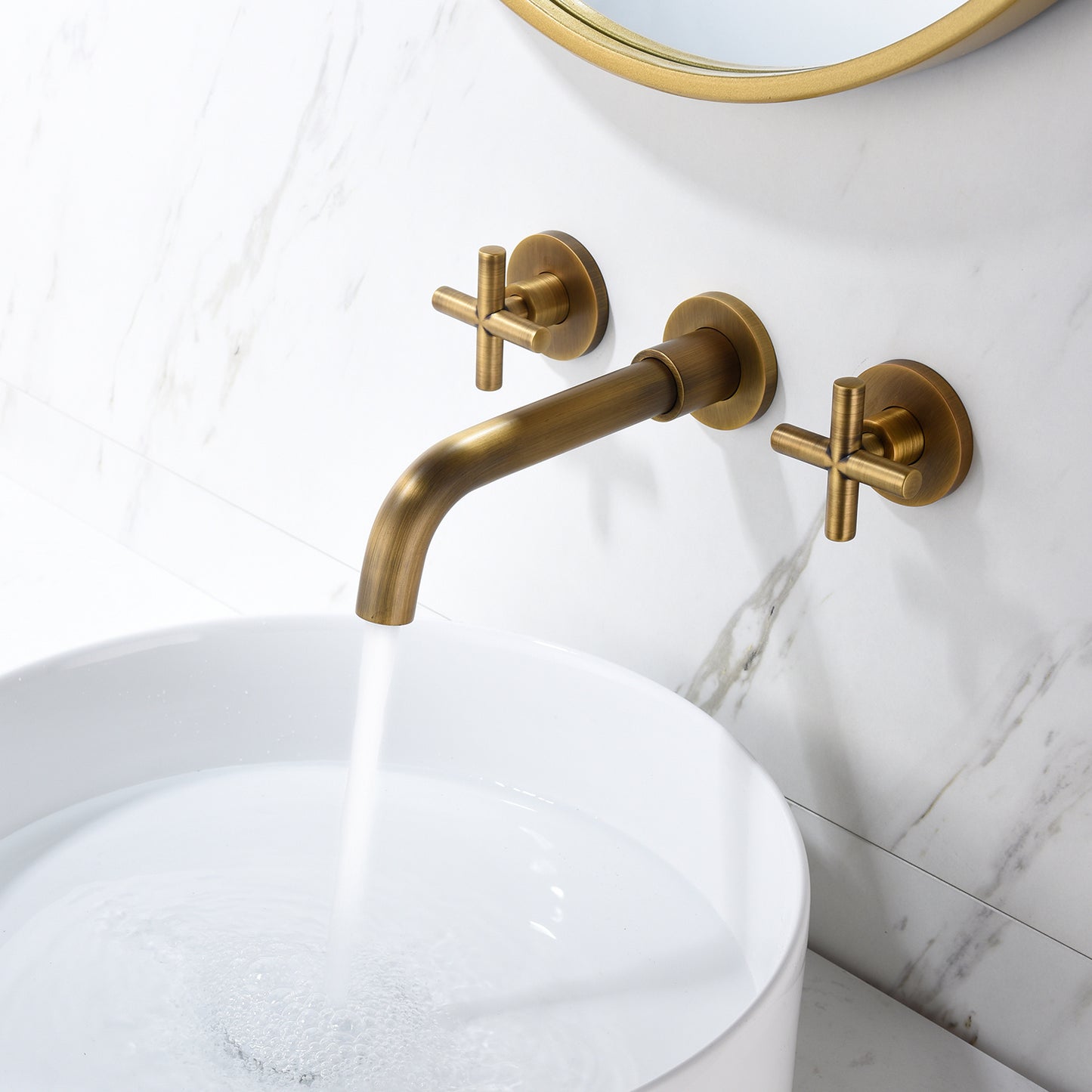 Wall-Mounted Bathroom Faucets - Brass Cross Handle Sink Faucet (Archaize Gold)