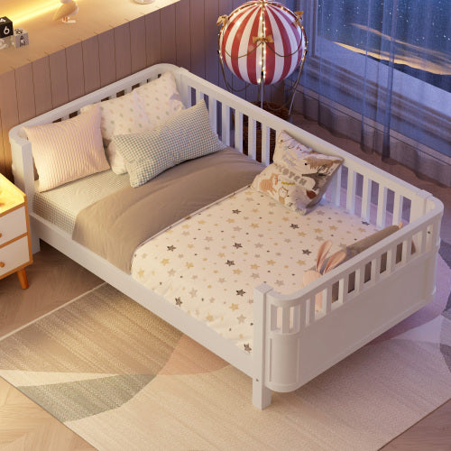 White Twin Platform Bed for Kids - Low Profile Wooden Bed Frame with Safety Rails