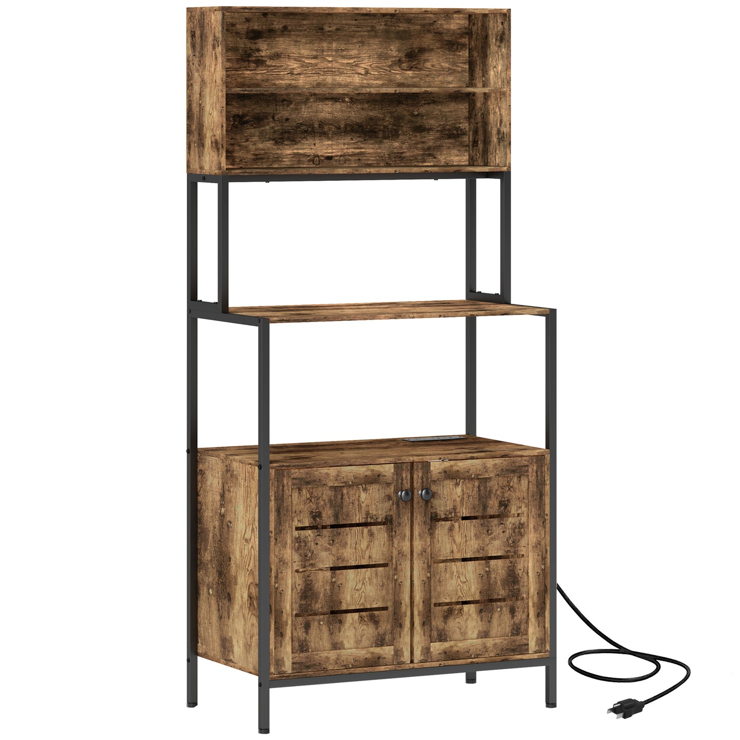 Power Outlet and Storage Shelves - Microwave Stand with Louvred Door Cabinets (Rustic Brown)