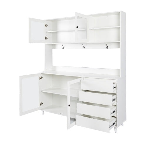 63" Large Kitchen Hutch Cabinet - Freestanding Pantry with 4 Doors, 4 Drawers & Microwave Shelf