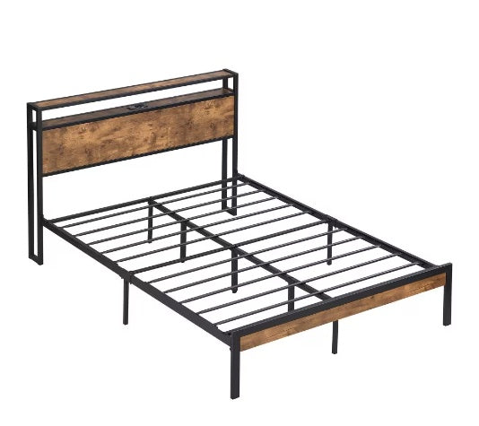 King Size Metal Platform Bed Frame with Wooden Headboard & USB Charging