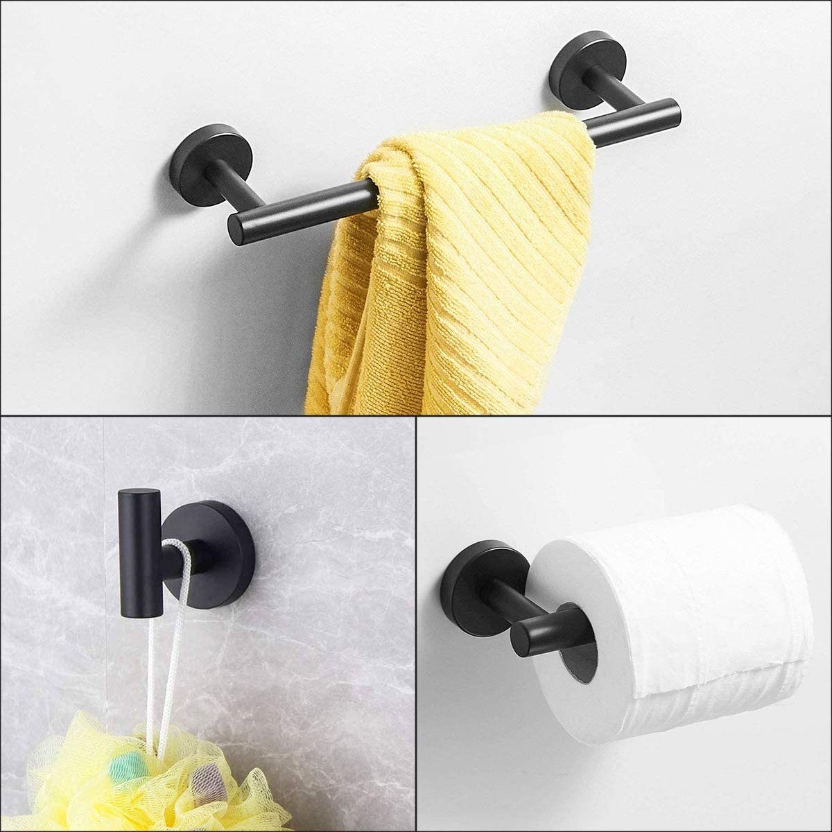 3-Piece Bathroom Towel Rail Set - Black Finish Coordinated Hardware