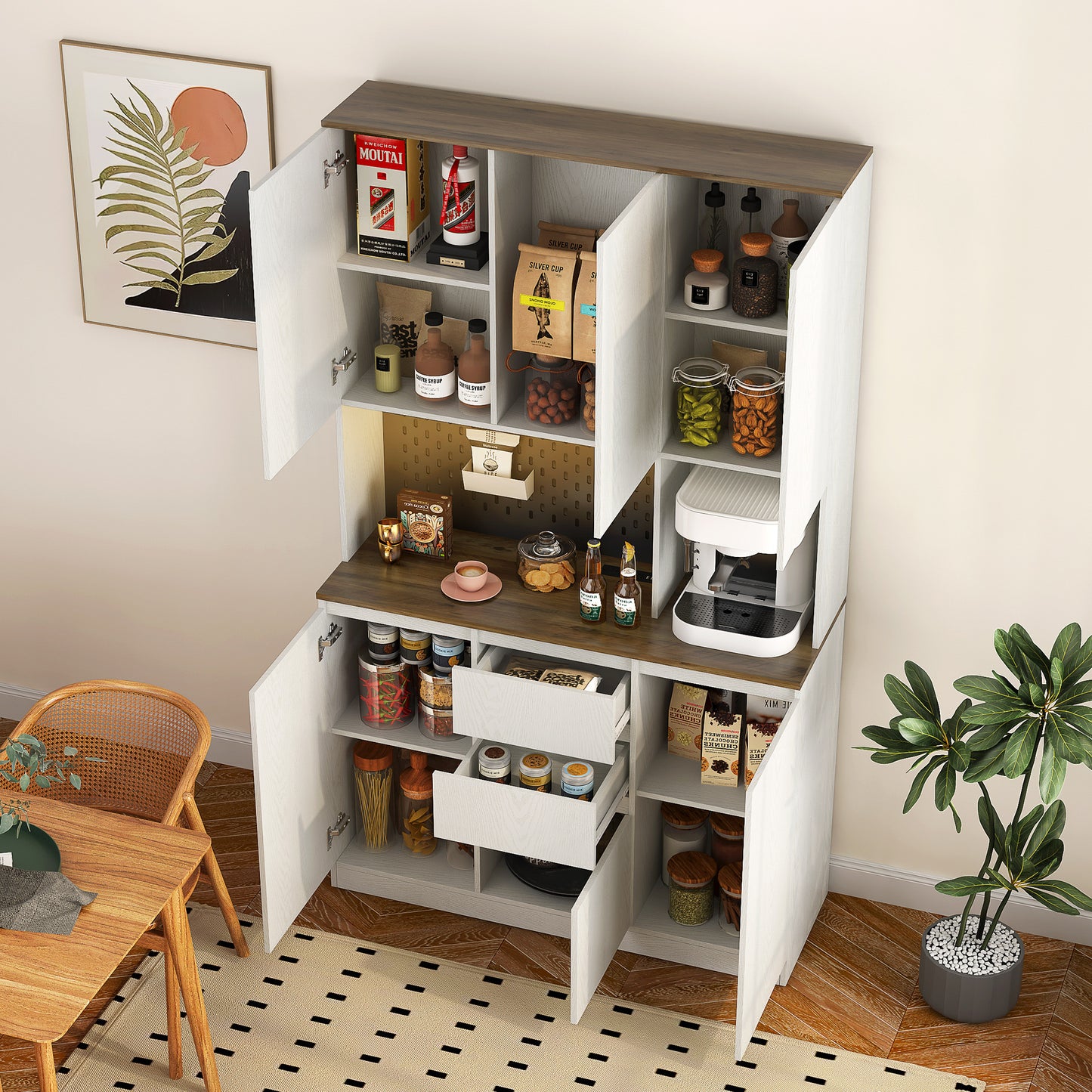 74" Kitchen Pantry Cabinet with Charging Station - Modern Cabinet with LED Lights & Microwave Stand