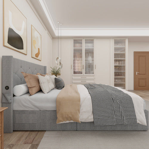 Queen Bed Frame with Lift-Up Storage - Modern Wingback Headboard with USB Ports