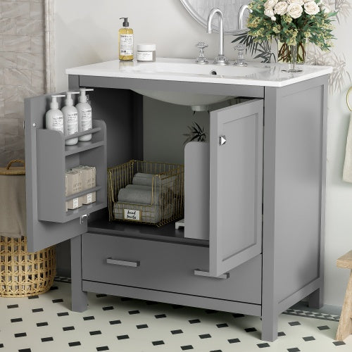 30" Gray Bathroom Vanity with Single Sink - Combo Cabinet with Soft-Close Doors