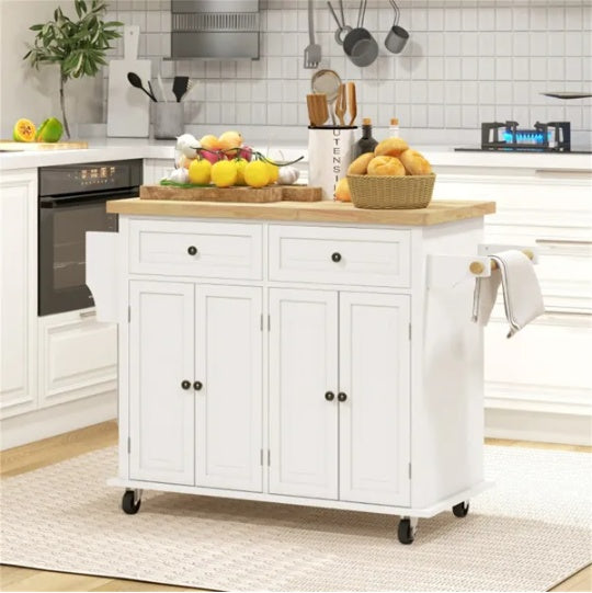 Kitchen Storage Cabinet & Island - Cream White Mobile Cart with Rubberwood Top