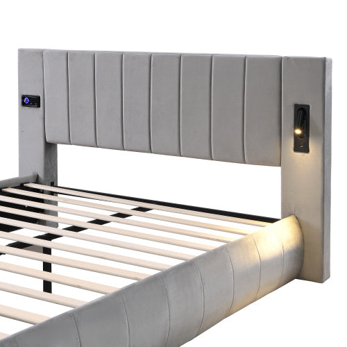 Grey Velvet King Bed with Stereo, LED Lights & USB Charging - 150x200cm