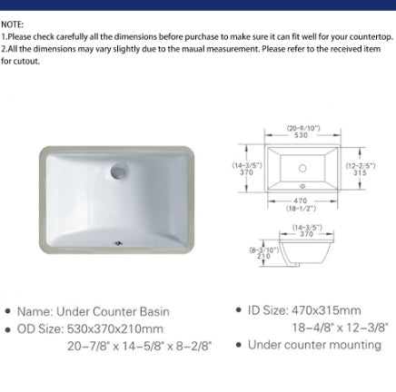 Bathroom Undermount Basin - White Rectangular Ceramic Wash Basin