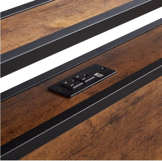 King Size Metal Platform Bed with Wooden Headboard, Footboard & USB Ports