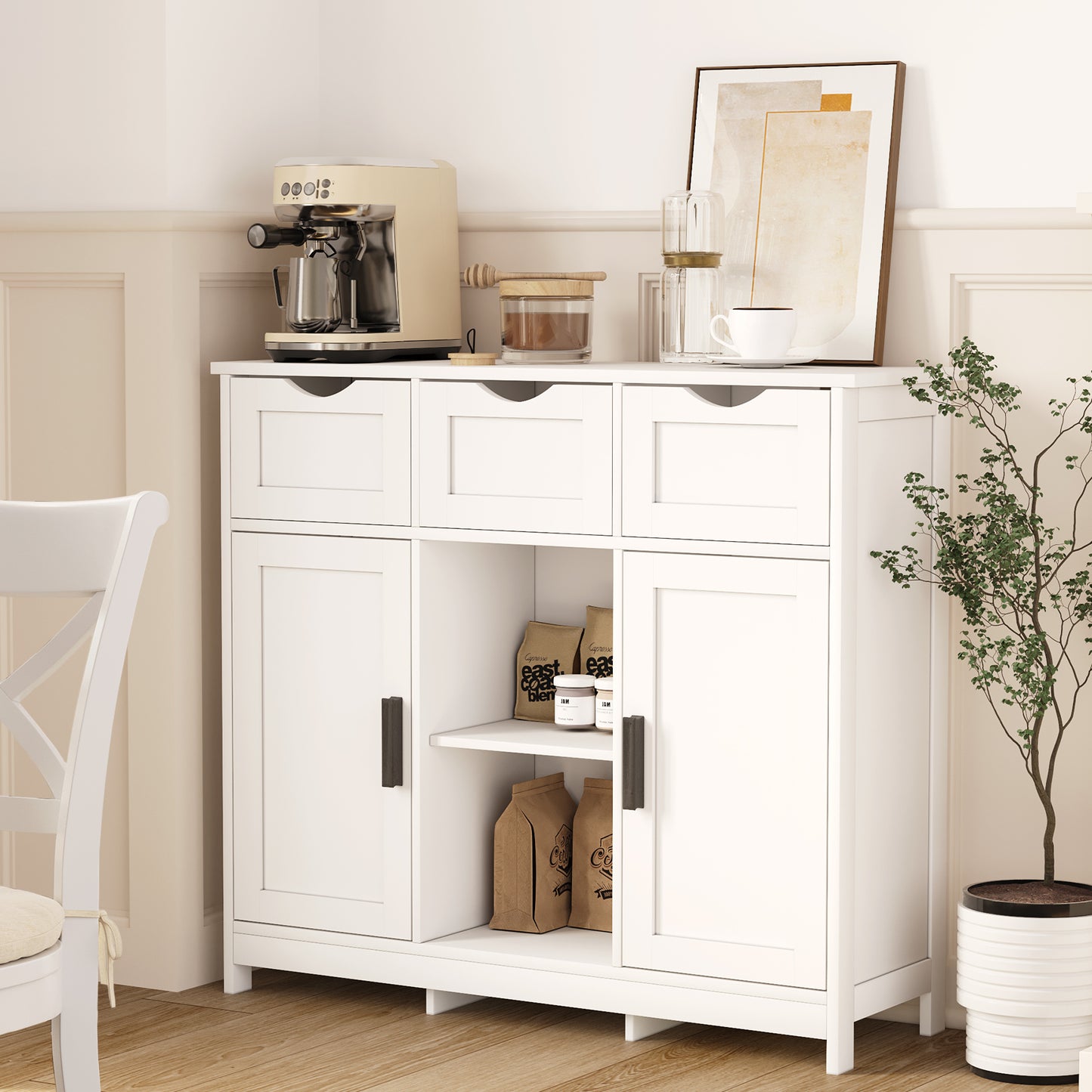 White Storage Cabinet with Drawers & Shelves - Multifunctional Home Furniture