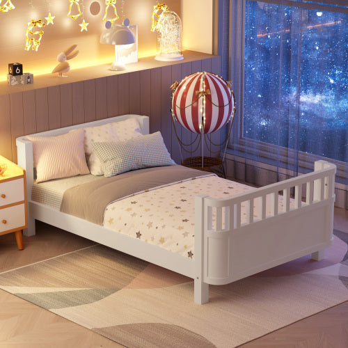 White Twin Platform Bed for Kids - Low Profile Wooden Bed Frame with Safety Rails