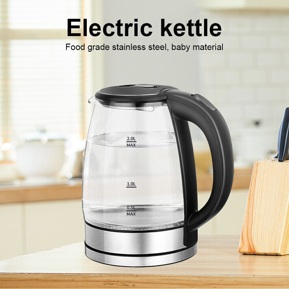 2L Glass Electric Kettle with Blue LED Light - Fast Boil 1800W Cordless Kettle