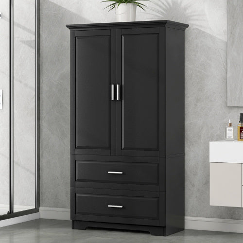 High Bathroom Storage Cabinet - 63" Tall Cabinet with 2 Doors and Drawers (Black)
