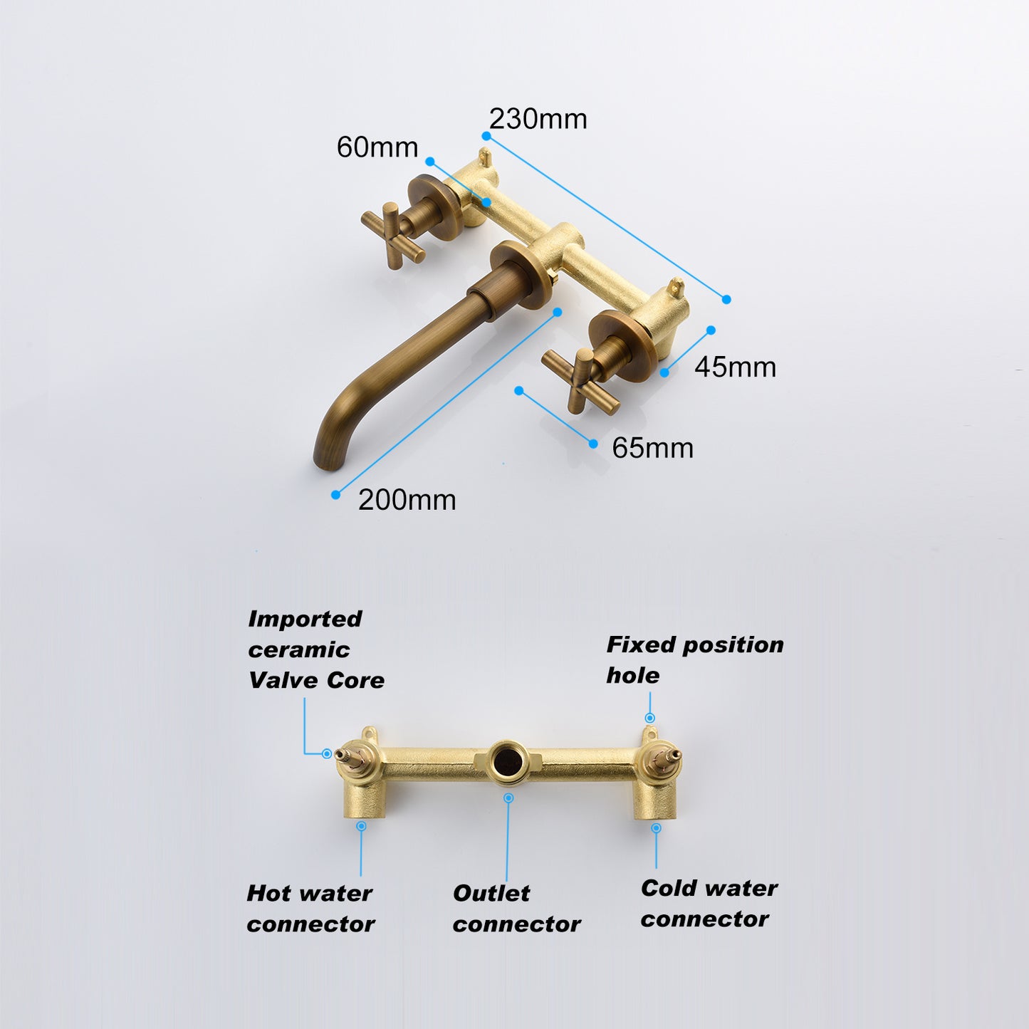 Wall-Mounted Bathroom Faucets - Brass Cross Handle Sink Faucet (Archaize Gold)