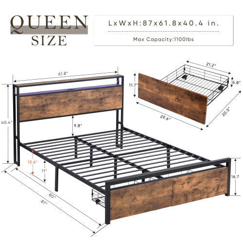 Queen Bed Frame with LED Lights, Storage Drawers & Charging Station - Grey