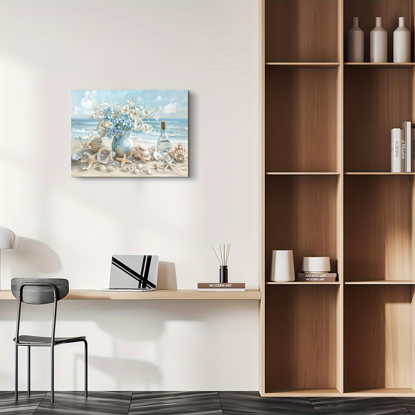 Blue Vase Floral Canvas Print - Framed Wooden Wall Art Ocean Theme