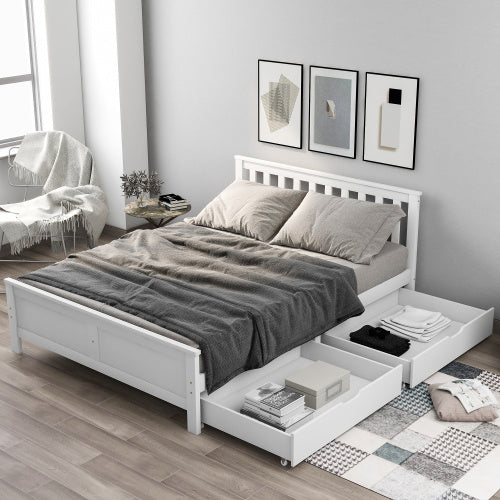 White Pine Double Bed with Storage Drawers - 4ft6 Wooden Bed Frame
