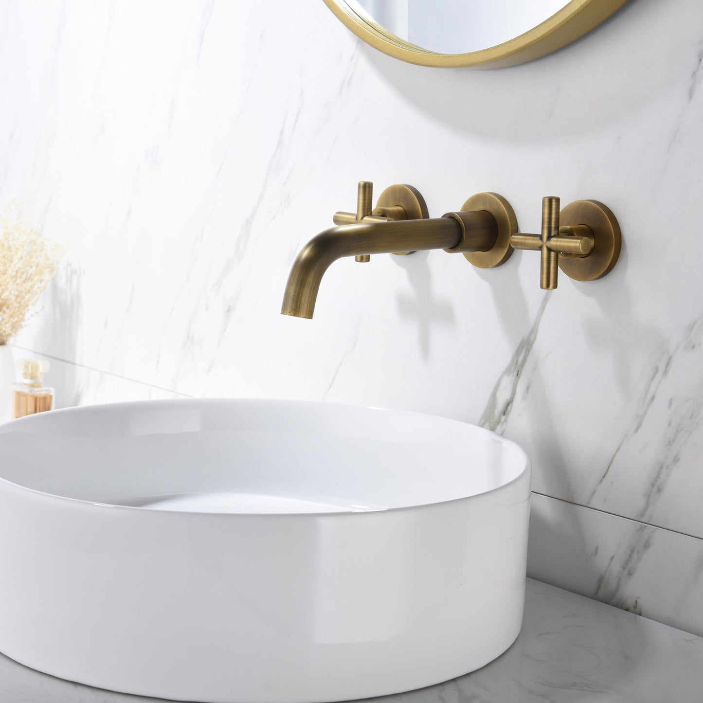 Wall-Mounted Bathroom Faucets - Brass Cross Handle Sink Faucet (Archaize Gold)