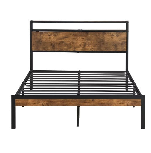 King Size Metal Platform Bed Frame with Wooden Headboard & USB Charging