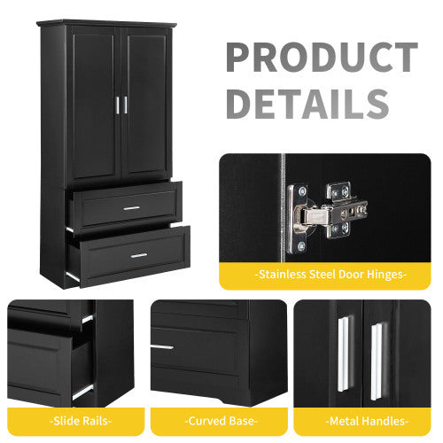 High Bathroom Storage Cabinet - 63" Tall Cabinet with 2 Doors and Drawers (Black)