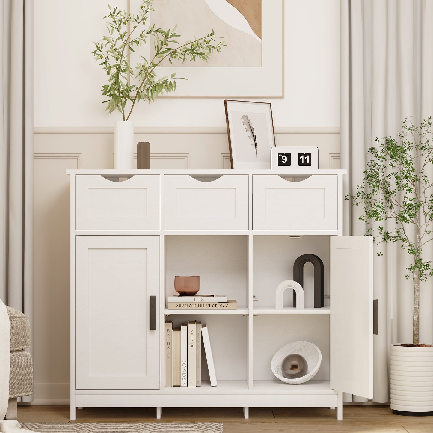 White Storage Cabinet with Drawers & Shelves - Multifunctional Home Furniture