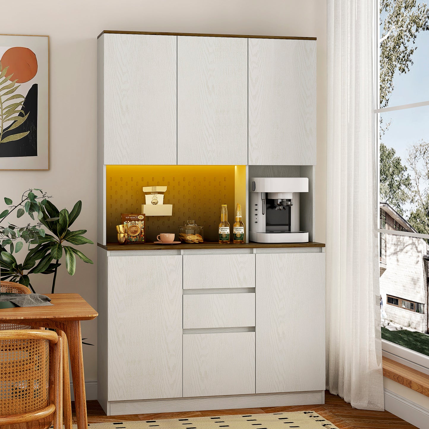74" Kitchen Pantry Cabinet with Charging Station - Modern Cabinet with LED Lights & Microwave Stand