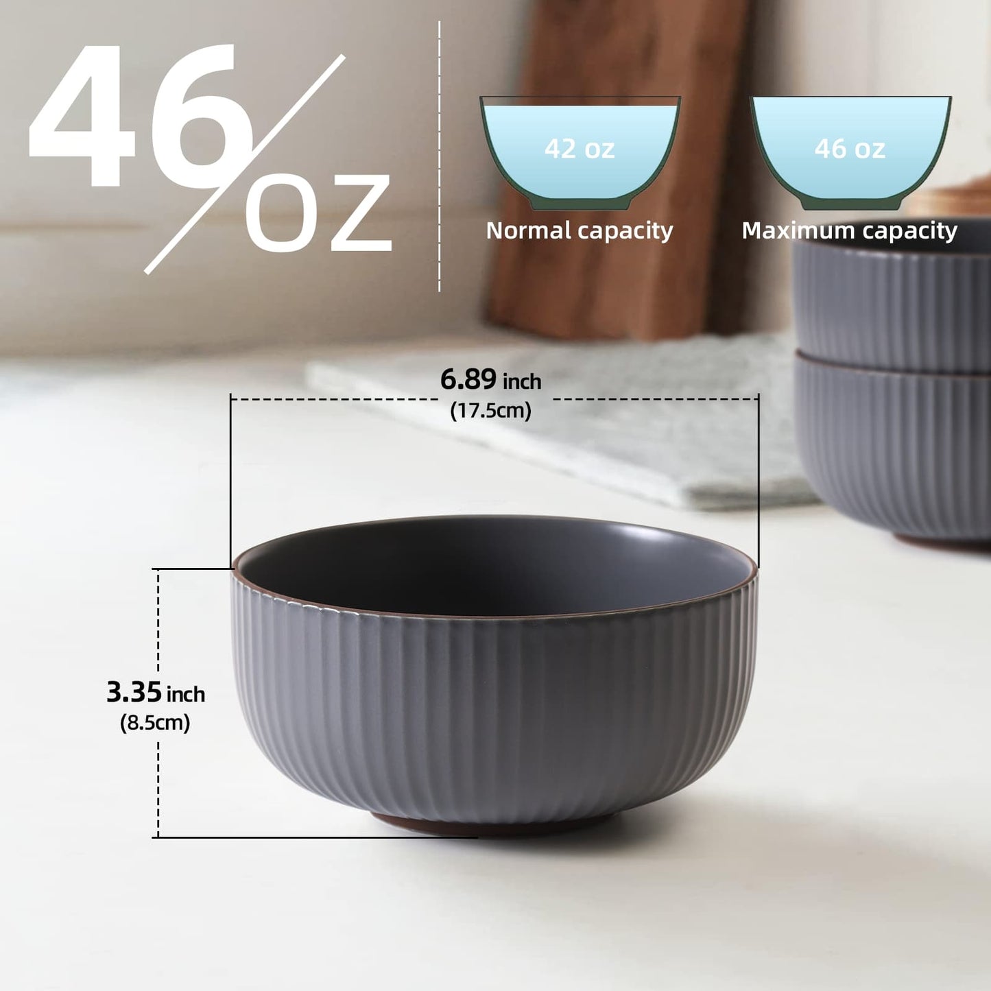 Ceramic Bowls Set of 4 - 46oz Large Serving Bowls for Cereal, Salad & Pasta