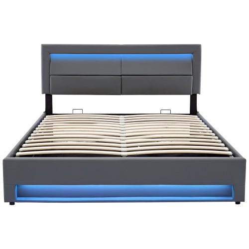 King Bed Frame with Wireless Charging, LED Lights & Storage - Grey PU Leather