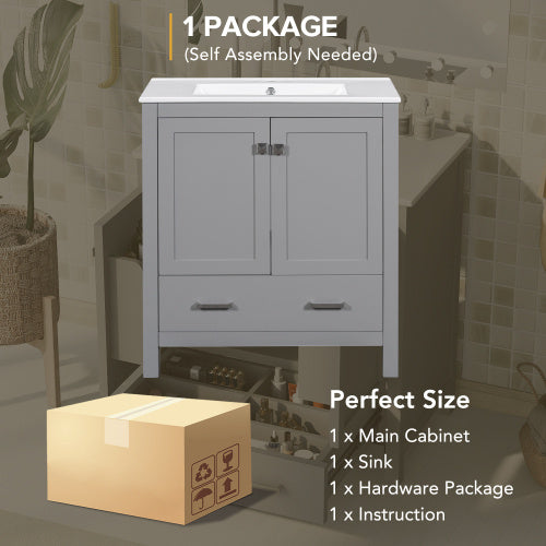 30" Gray Bathroom Vanity with Single Sink - Combo Cabinet with Soft-Close Doors