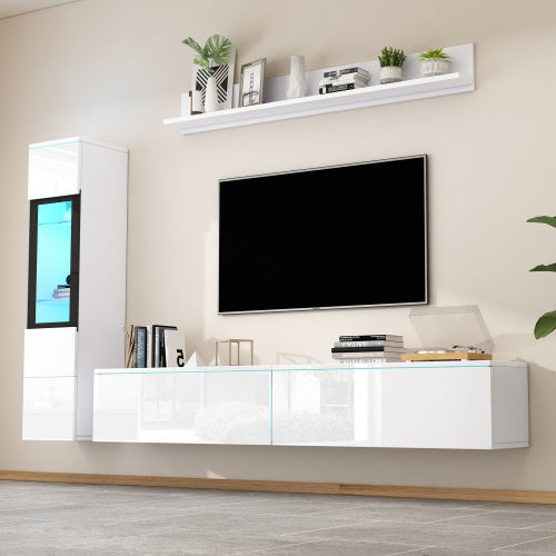 3-Piece TV Wall Unit Set with LED Lights - High Gloss White Living Room Furniture